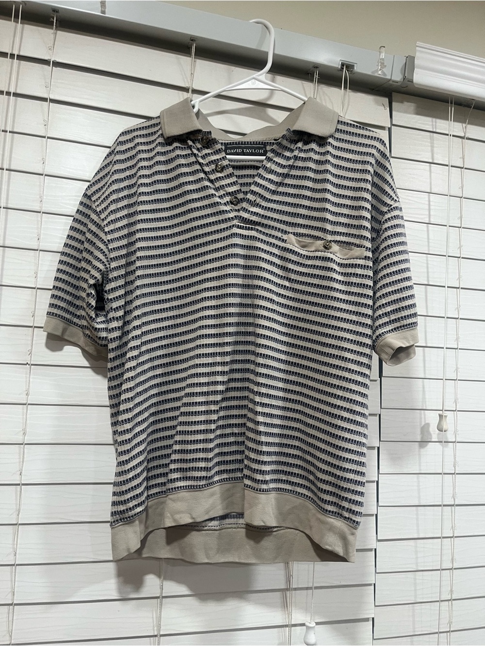 David Taylor Beige and Navy Striped Knit Polo